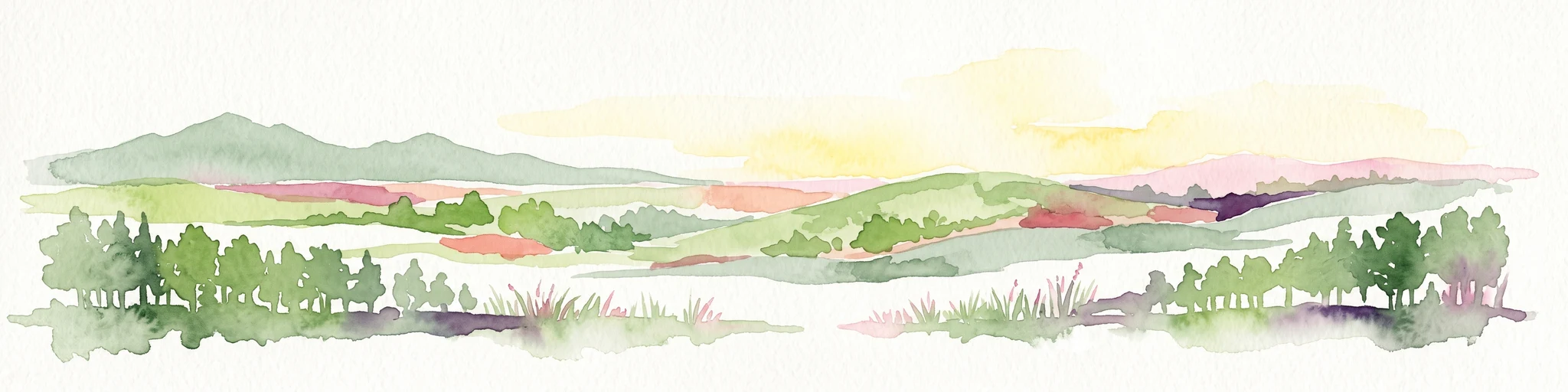 Una ilustración en acuarela de un paisaje amplio y ondulado con colinas lejanas, árboles dispersos y tonos suaves y cálidos.