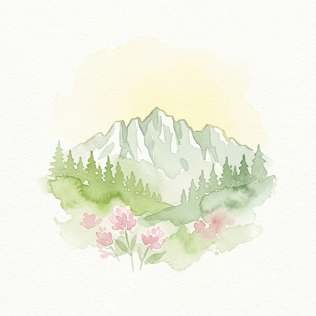 Ilustración acuarela de una cordillera con árboles de hoja perenne y flores rosas en primer plano