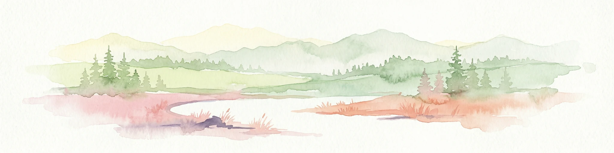 Ilustración de acuarela que muestra picos de montañas, laderas boscosas y un lago con tonos rosados y verdes