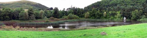 A panoramic view of Hethpool Lake surrounded by green fields, trees, and hills with a small building visible on the far shore