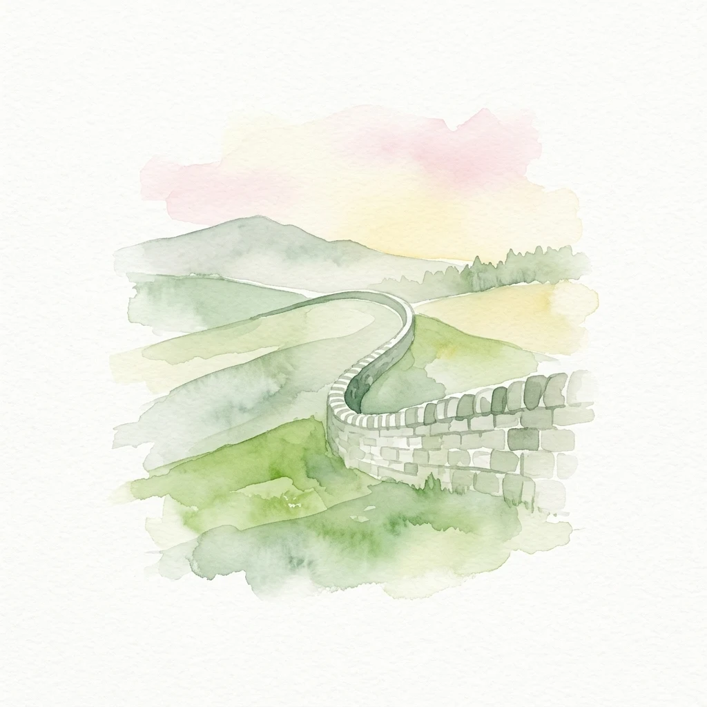 Watercolor illustration of Hadrian's Wall winding through green rolling hills with mountains in the background