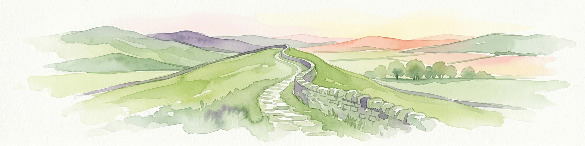 Ilustración en acuarela del Muro de Adriano extendiéndose por colinas verdes onduladas con montañas y árboles distantes bajo un cielo al atardecer