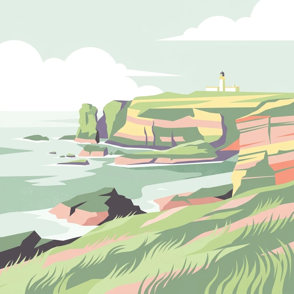 A minimalist, stylized vector illustration of coastal cliffs meeting the sea, with a lighthouse visible in the distance on top of the headland.