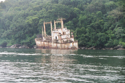 A rusted, derelict ship remains beached or anchored near a dense, green tropical forest coastline along calm water.