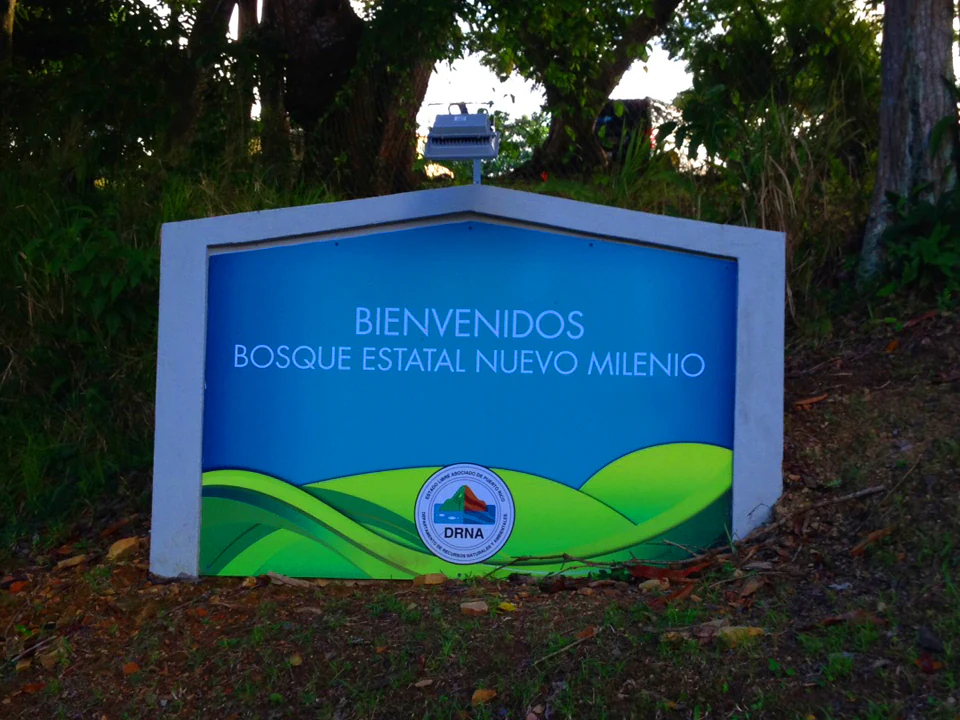 Un cartel azul y verde que dice Bienvenidos Bosque Estatal Nuevo Milenio con el logotipo del Departamento de Recursos Naturales y Ambientales, situado en una zona boscosa.