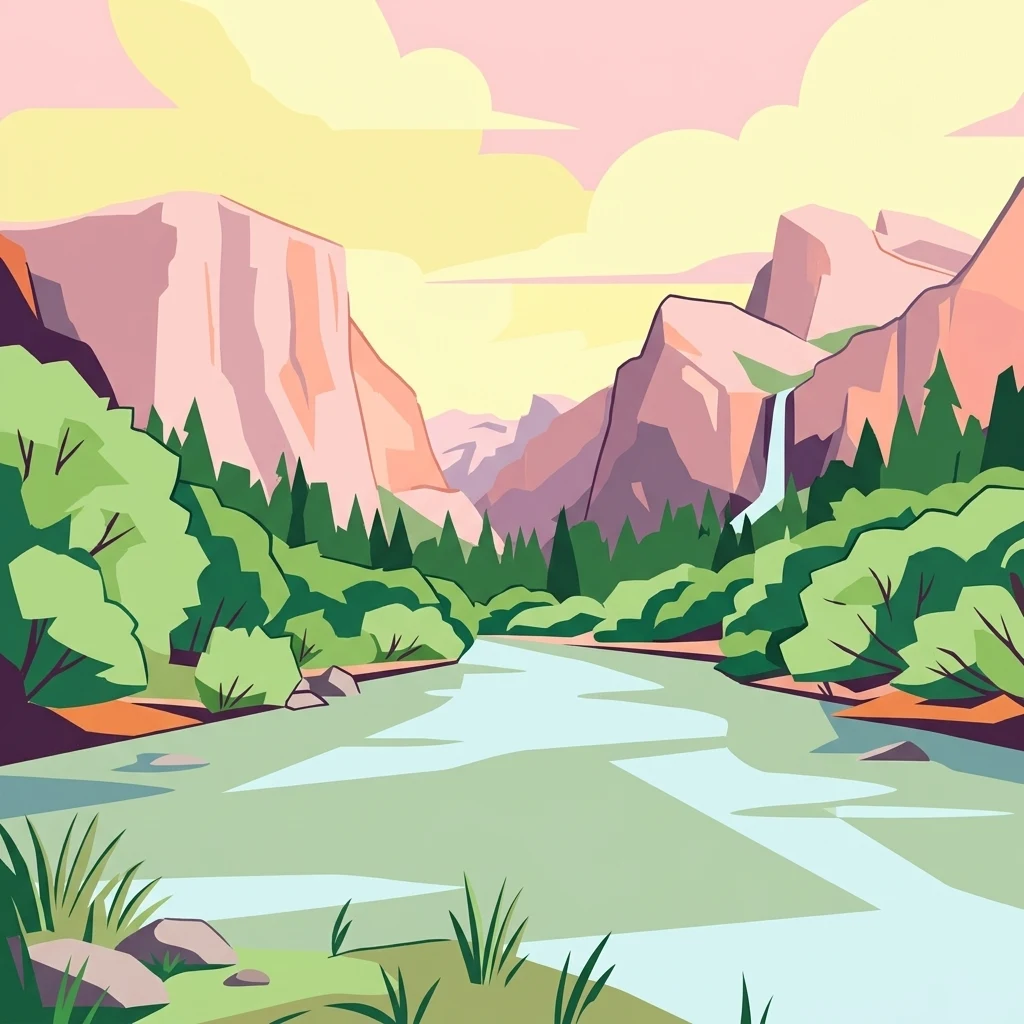 Una ilustración digital colorida de un río que fluye por un valle montañoso con acantilados escarpados, árboles de hoja perenne y una cascada lejana bajo un cielo al atardecer.