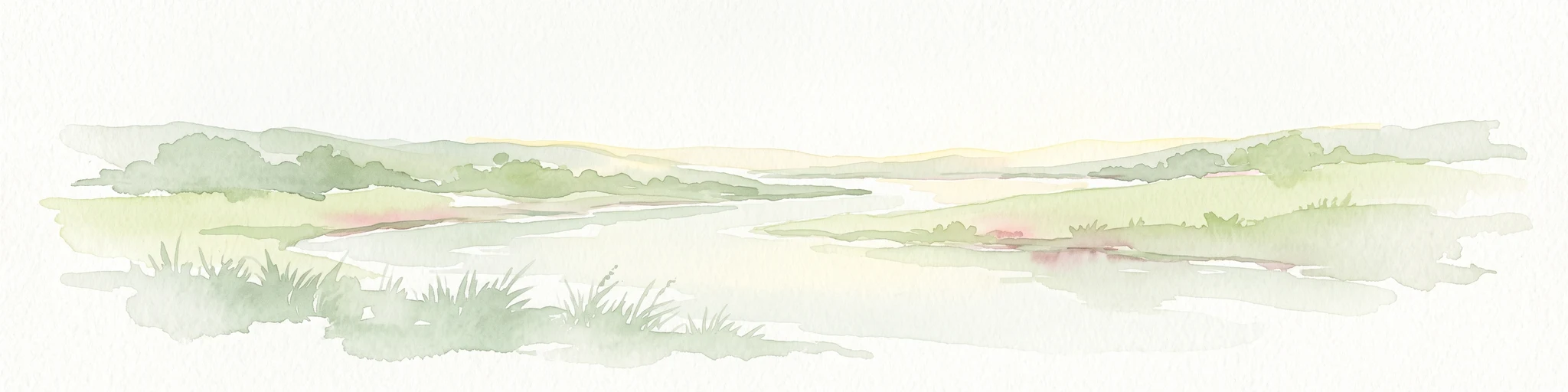 A watercolor painting showing a winding river flowing through a soft green landscape with grassy banks under a white sky.
