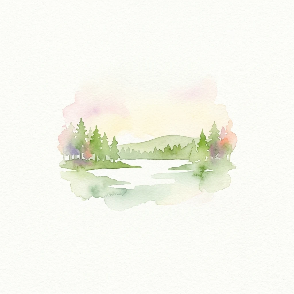 Pintura en acuarela de un lago rodeado de árboles con una montaña al fondo.