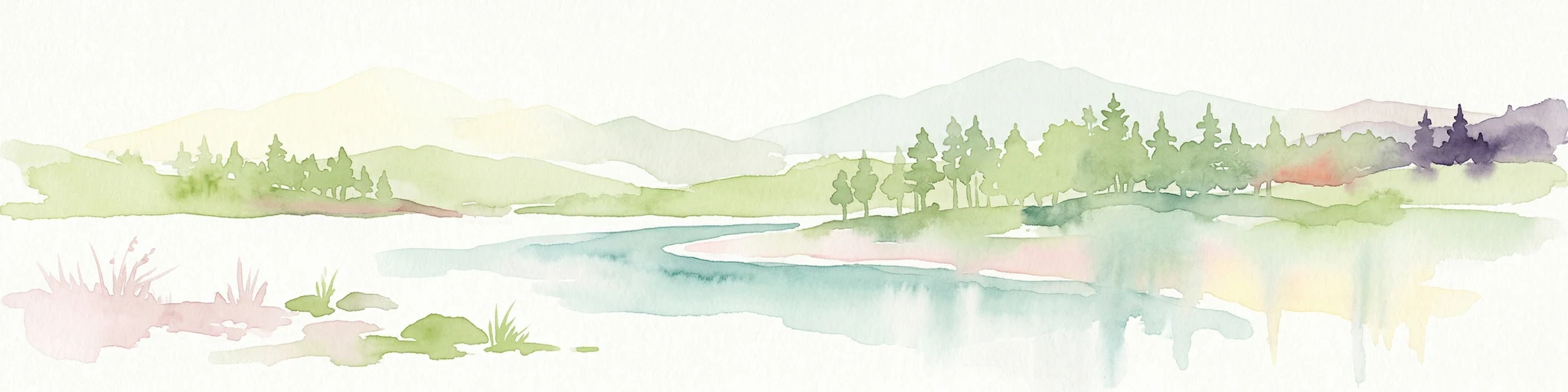Ilustración en acuarela que muestra un lago, una orilla boscosa y montañas distantes