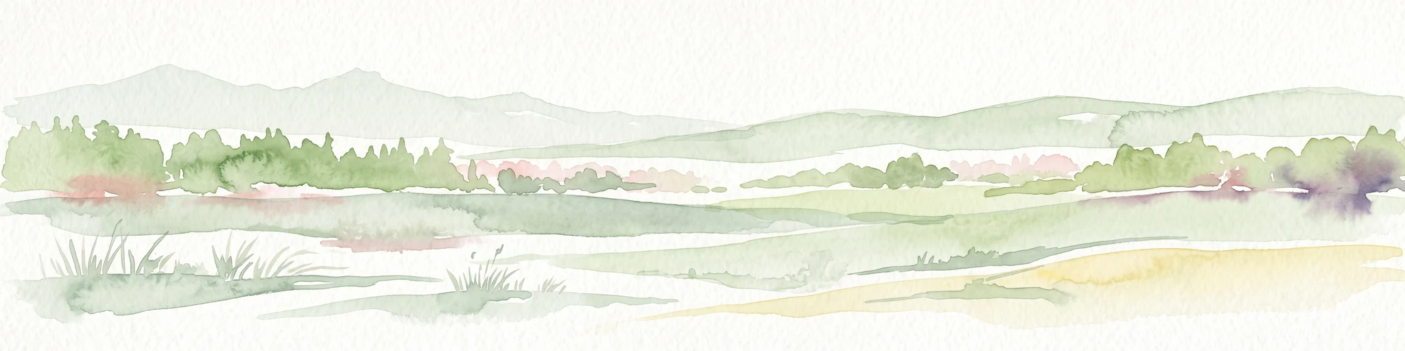 Watercolor painting of a hilly, green, and light-filled landscape featuring low mounds and soft vegetation typical of moorland.