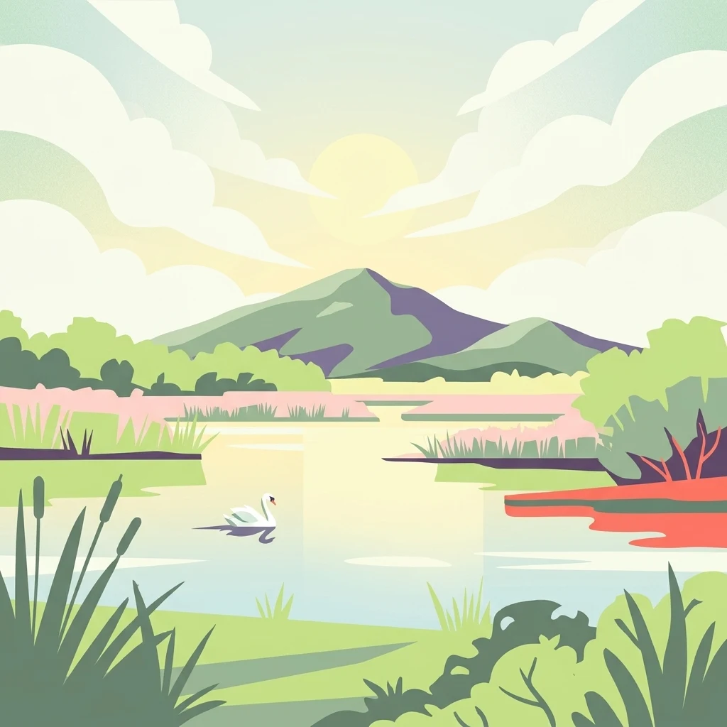 Una ilustración vectorial estilizada que muestra un cisne blanco nadando en un lago tranquilo, rodeado de juncos verdes y vegetación rosácea en las orillas, con montañas verdes al fondo bajo un cielo nublado con sol.