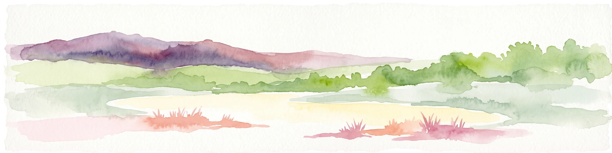 Una pintura en acuarela que muestra un paisaje ondulado con colinas púrpuras, vegetación verde y campos de color amarillo claro.