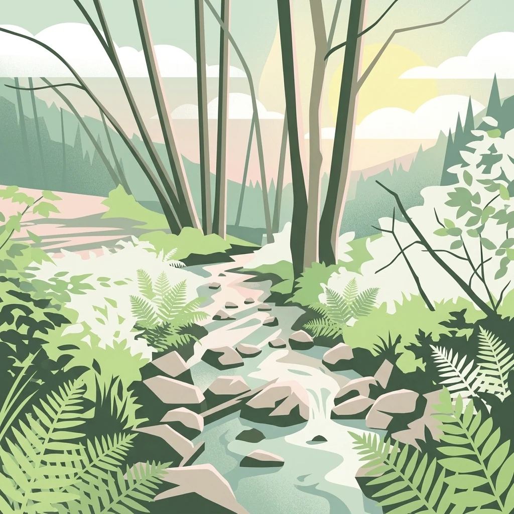 A stylized digital illustration of a woodland stream flowing over smooth rocks, surrounded by ferns and thin-trunked trees at dawn or dusk.