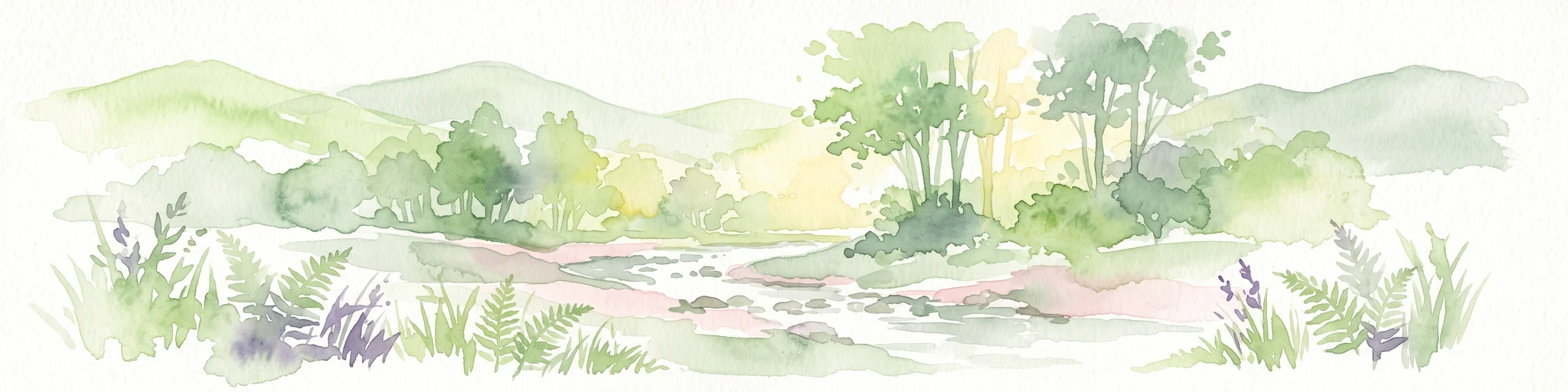 A horizontal watercolor painting depicting a gentle stream flowing through a lush meadow with trees and hills in the background.
