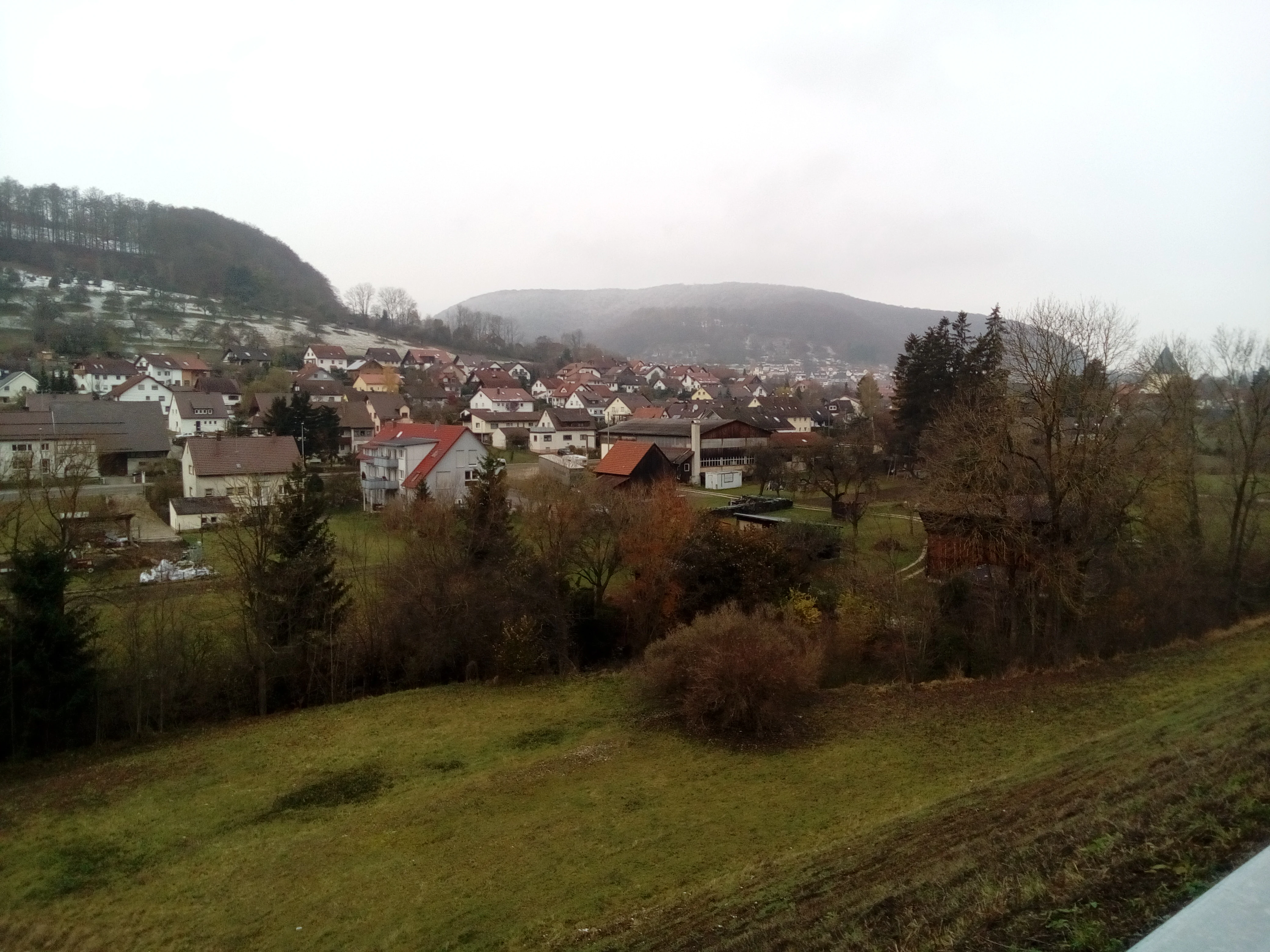 A wide shot looking across a grassy slope towards the village of Gruibingen, surrounded by forested hills under an overcast sky.