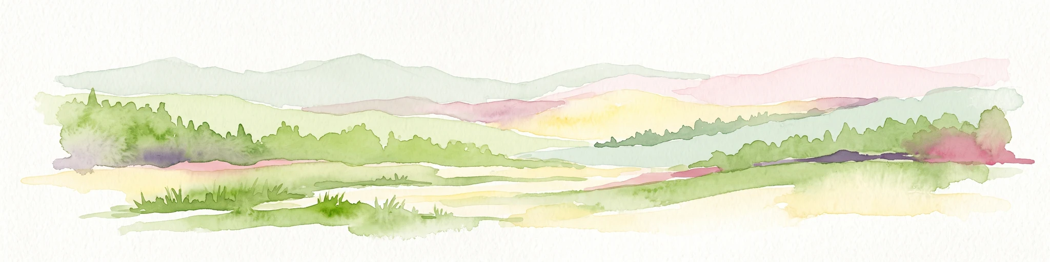 A soft watercolor illustration showing a rolling landscape with gentle hills, grassy fields, and tree lines in shades of green, yellow, and faint pink.