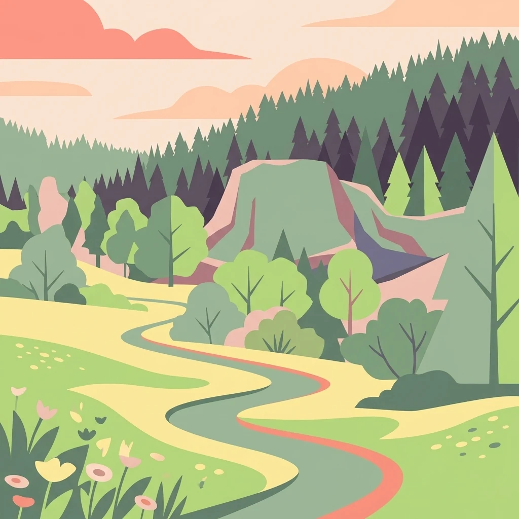 Una ilustración digital de estilo plano que muestra un sendero serpenteante a través de un prado con colinas circundantes, un bosque de coníferas y un cielo de tonos atardecer.