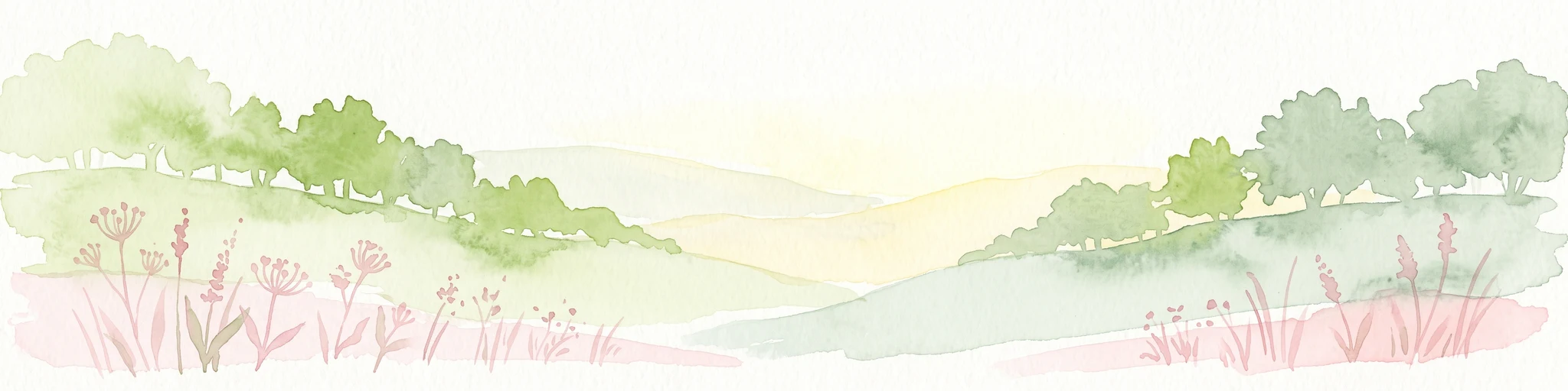 Watercolor illustration of rolling green hills, trees, and wildflowers, with a soft, bright, and light aesthetic.