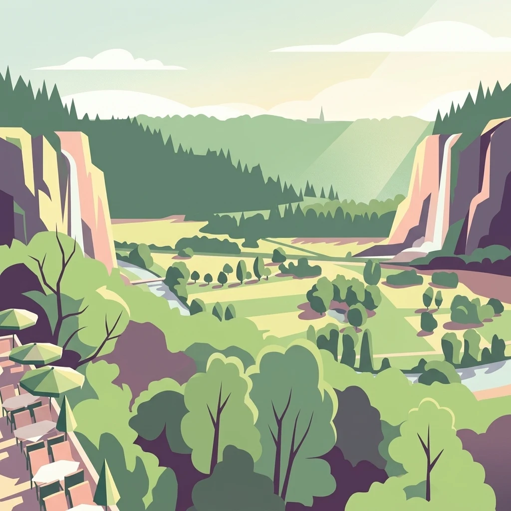 A graphic illustration of a wide river valley with steep cliff sides and dense forests on the horizon, viewed from an outdoor terrace with tables and umbrellas.