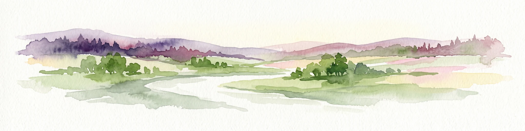 A watercolor painting showing a wide view of a winding river flowing through a lush green valley with distant purple hills and forested ridges.