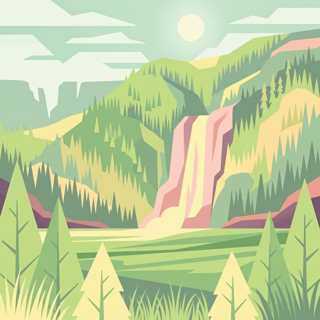 A graphic art illustration showing a scenic valley with pine trees, rolling hills, and a waterfall cascading down a mountainside under a bright sun.