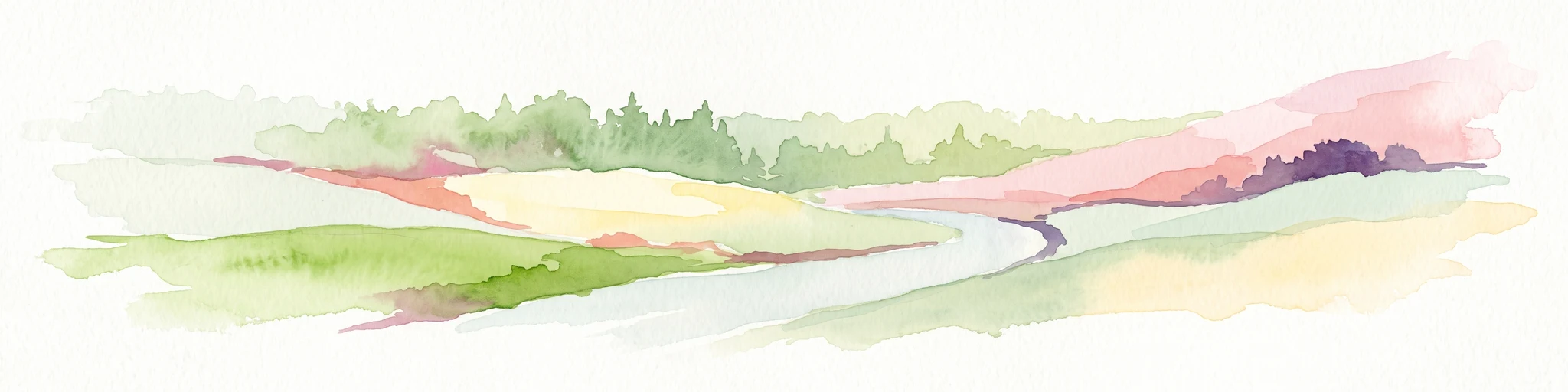Watercolor painting of a pastoral river valley landscape with soft green hills and wooded ridgelines on a white background.