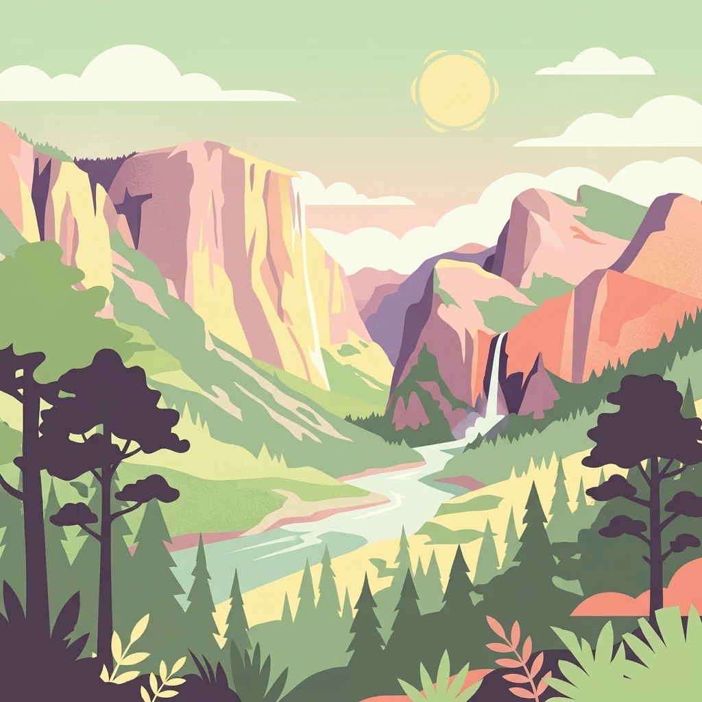 A colorful digital illustration showing a river valley flanked by steep pink and purple cliffs, with dark green pine trees in the foreground and a waterfall in the distance.