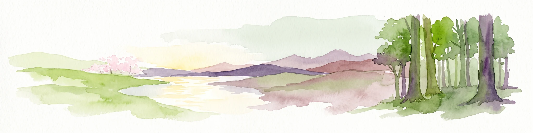 Una amplia ilustración en acuarela que muestra una orilla de río verde, un arroyo, colinas púrpuras en la distancia y un grupo de árboles verdes a la derecha.