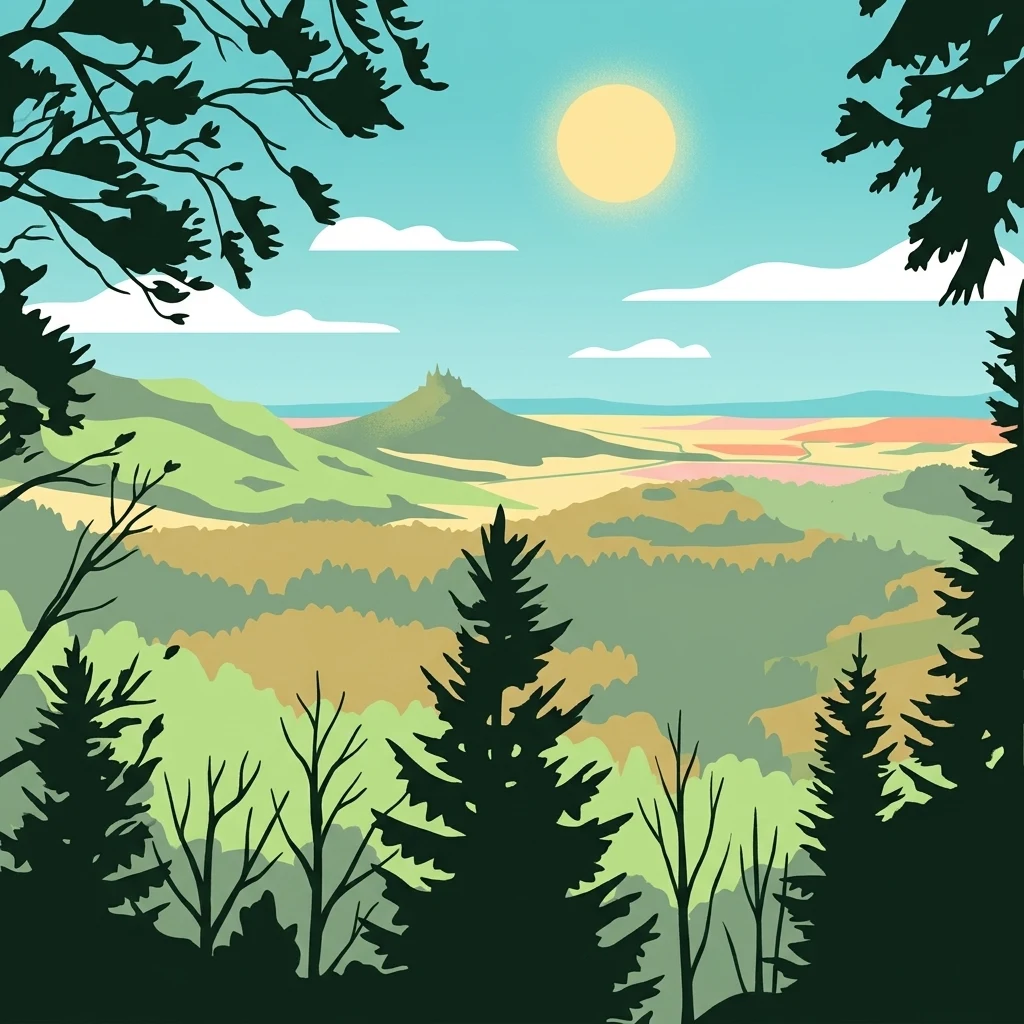 A flat-style digital illustration of a valley landscape framed by dark silhouette pine trees in the foreground, with a sunlit sky and a prominent, castle-topped mountain peak, the Zollerberg, in the distance.