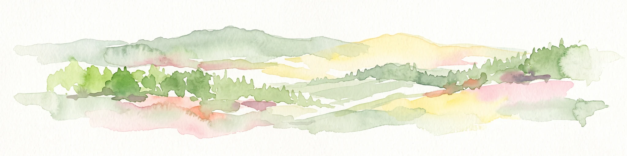 Watercolor painting of a rolling rural landscape with forested hills and open fields in muted green, yellow, and soft pink tones.