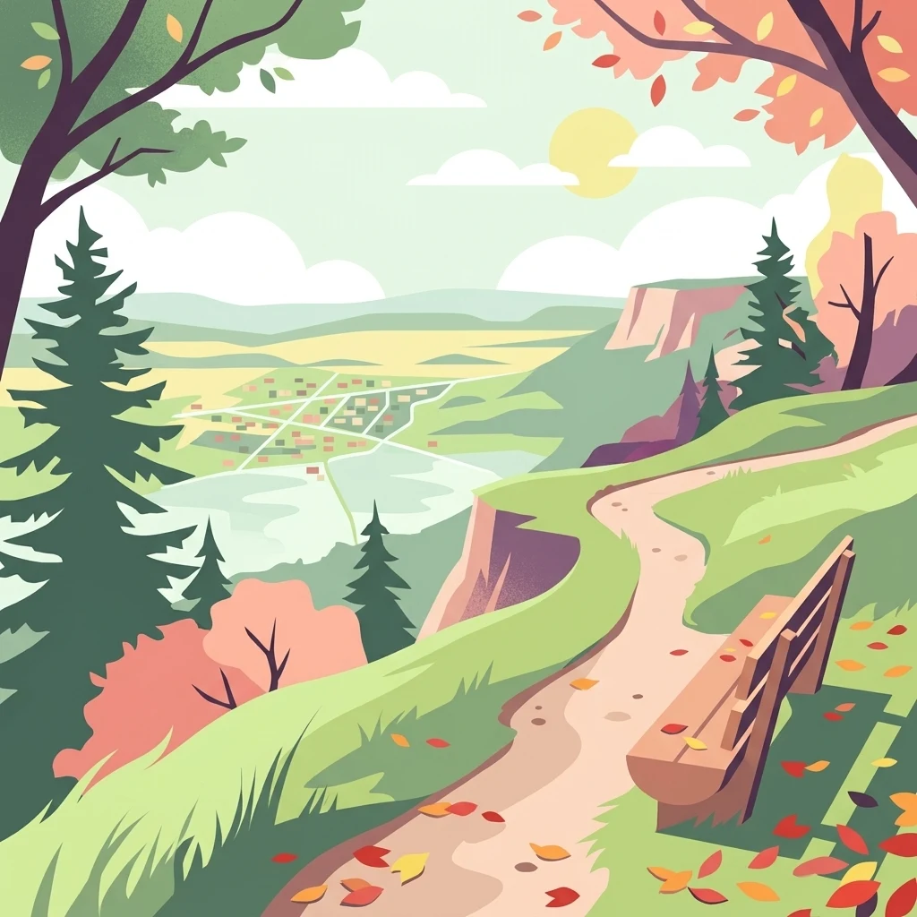 A flat-style digital illustration of a hiking trail winding along a cliff edge, overlooking a valley with a town in the distance. A wooden bench sits by the path, surrounded by autumn-colored trees and fallen leaves.