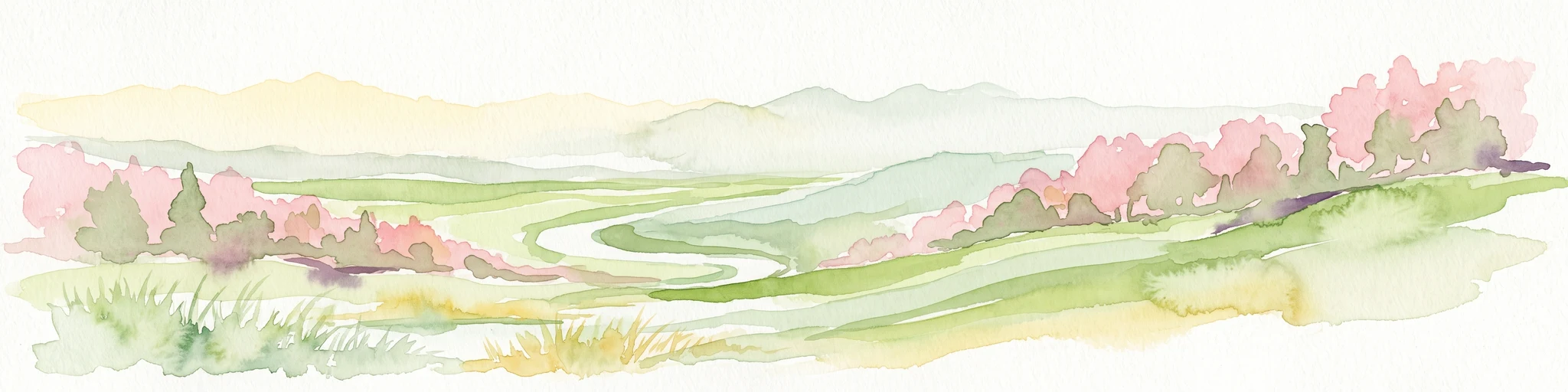 A watercolor painting showing a soft, panoramic view of green rolling hills and a winding river against a pale background of distant mountains.