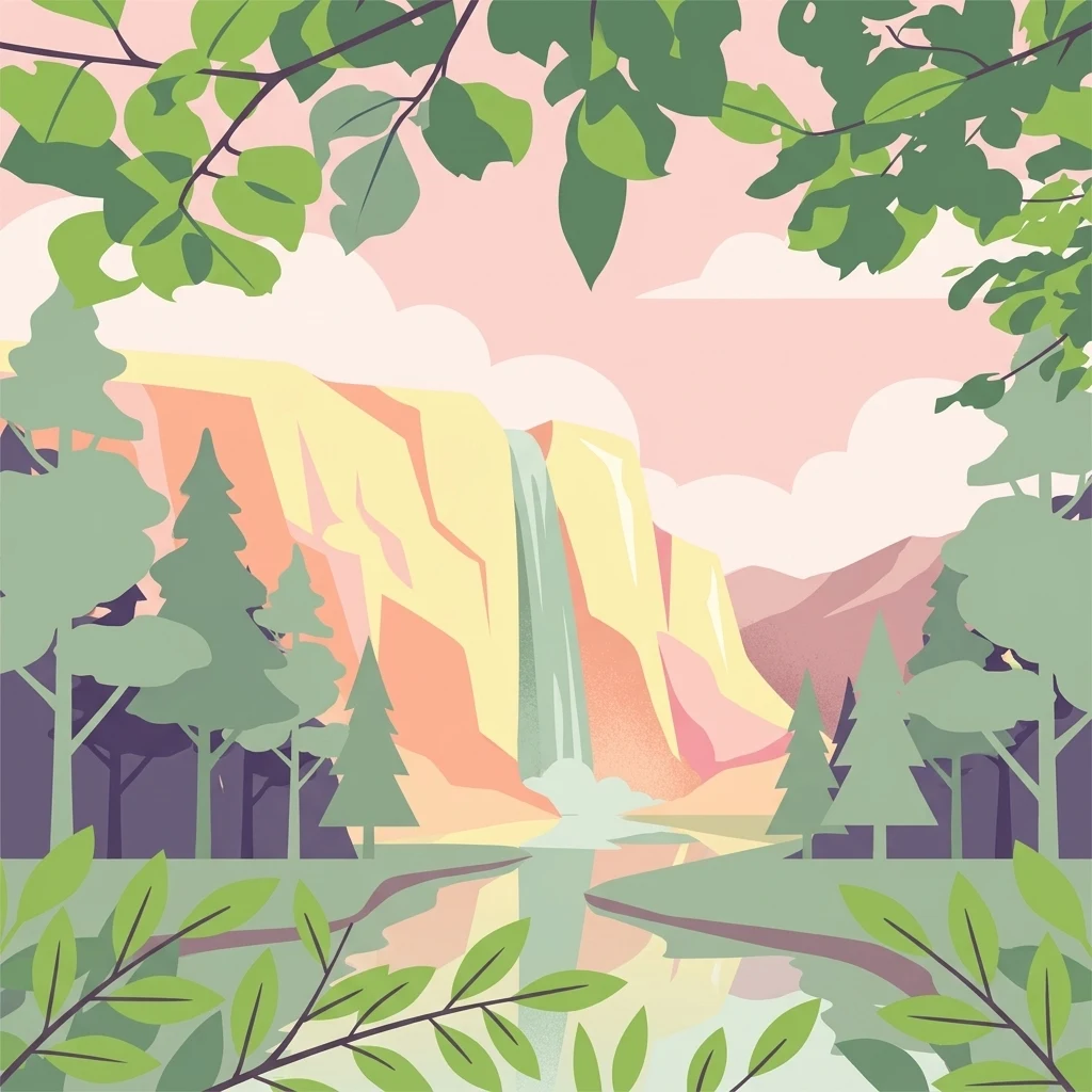 Una ilustración digital de una cascada que cae por un acantilado amarillo hacia una pequeña masa de agua, rodeada de árboles y hojas estilizadas en primer plano.
