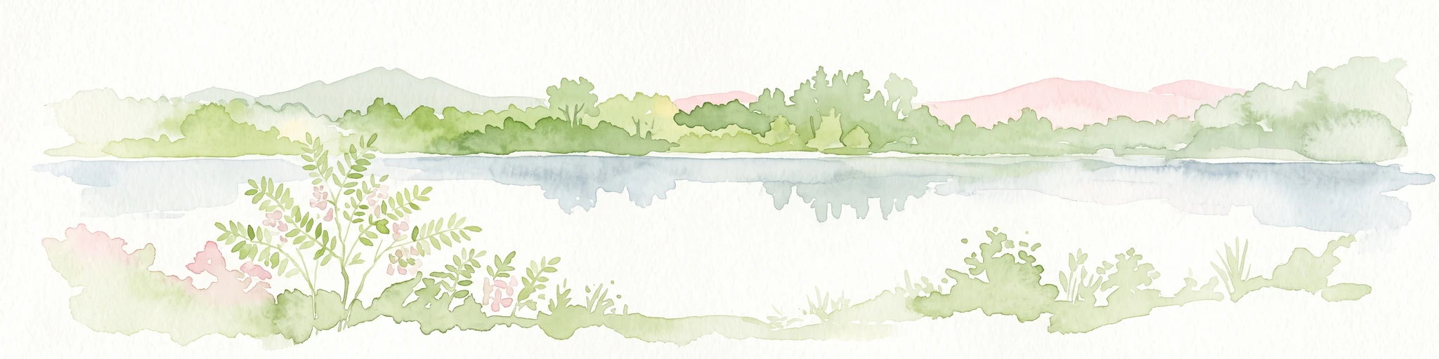 A horizontal watercolor painting showing a calm lake or pond surrounded by green trees and shrubs against a soft, light background.