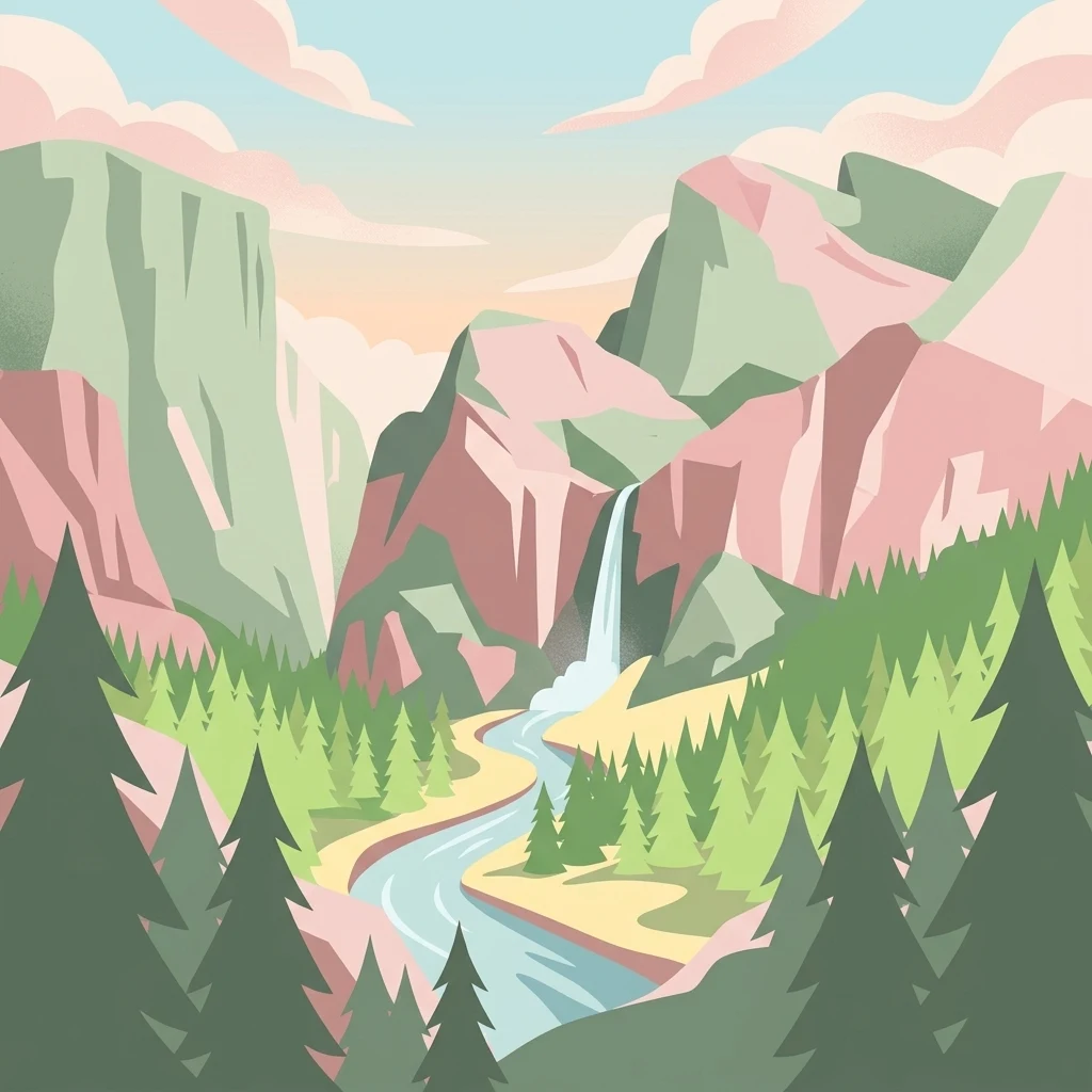 A graphic illustration depicting a valley between steep, stylized mountains with a waterfall cascading into a winding river, all surrounded by evergreen trees.