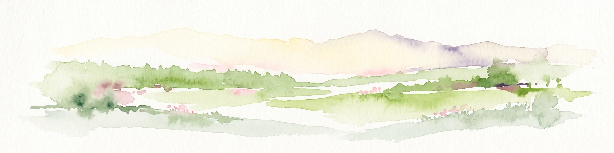 A watercolor painting showing a soft, impressionistic landscape with rolling green hills, forest patches, and pale distant mountains under a light sky.