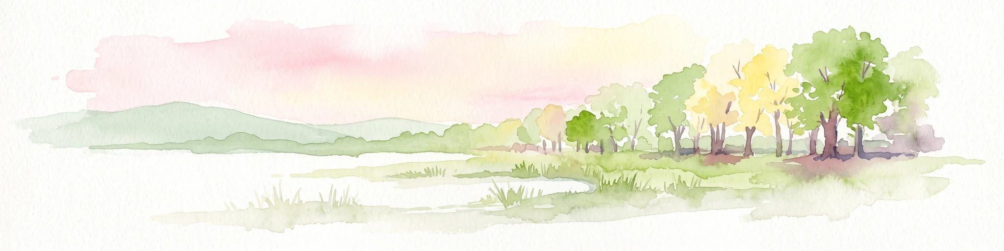 A soft watercolor illustration of a wetland landscape featuring trees, green grasses, a small pond, and distant rolling hills against a pale pink sky.
