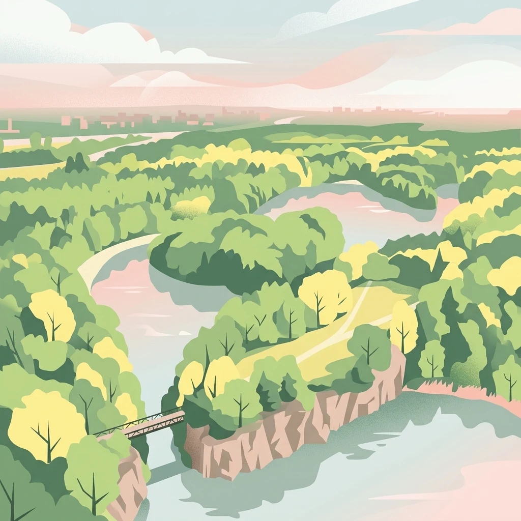 An illustration of a nature reserve featuring a lake, rocky cliffs, dense green trees, a bridge, and a soft, pastel-colored sunset sky.
