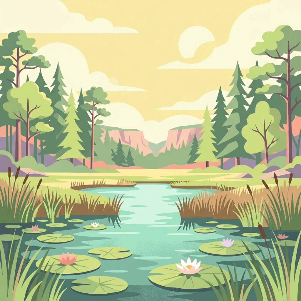 A flat-style digital illustration of a peaceful pond with lily pads, cattails, and pine trees under a warm, soft-toned sky.