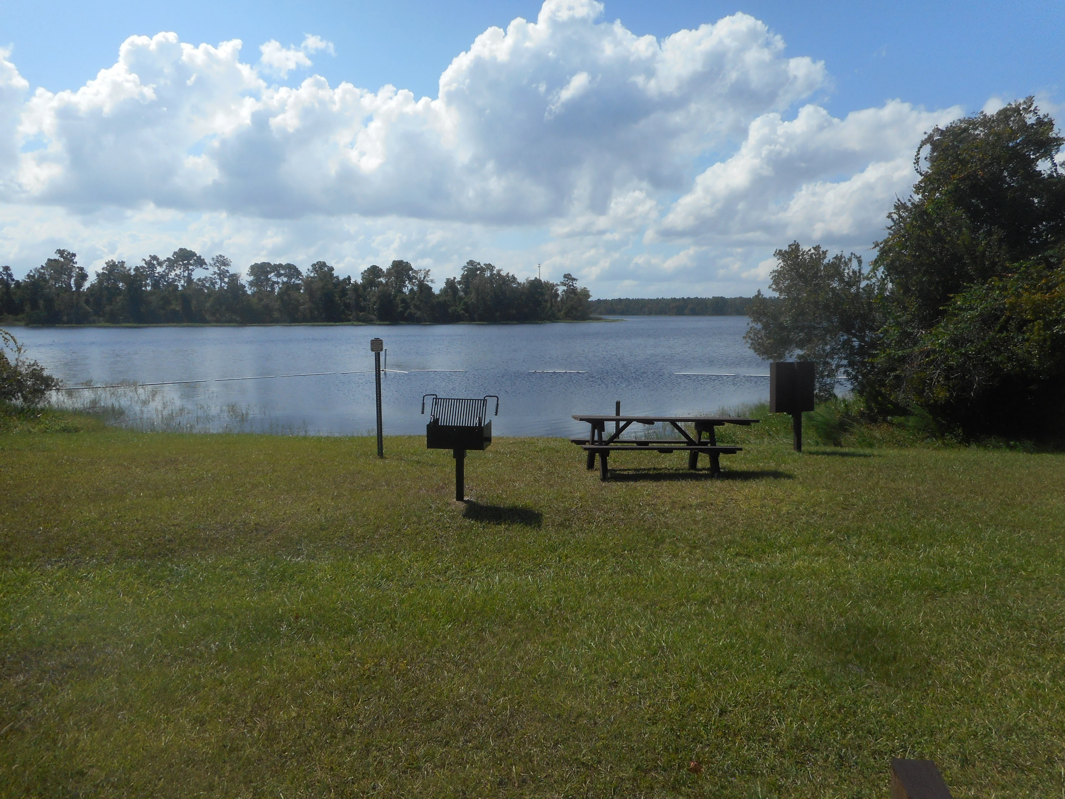 A green grassy lawn with a metal picnic table and a pedestal-mounted charcoal grill overlooking a still lake under a blue sky with white clouds.