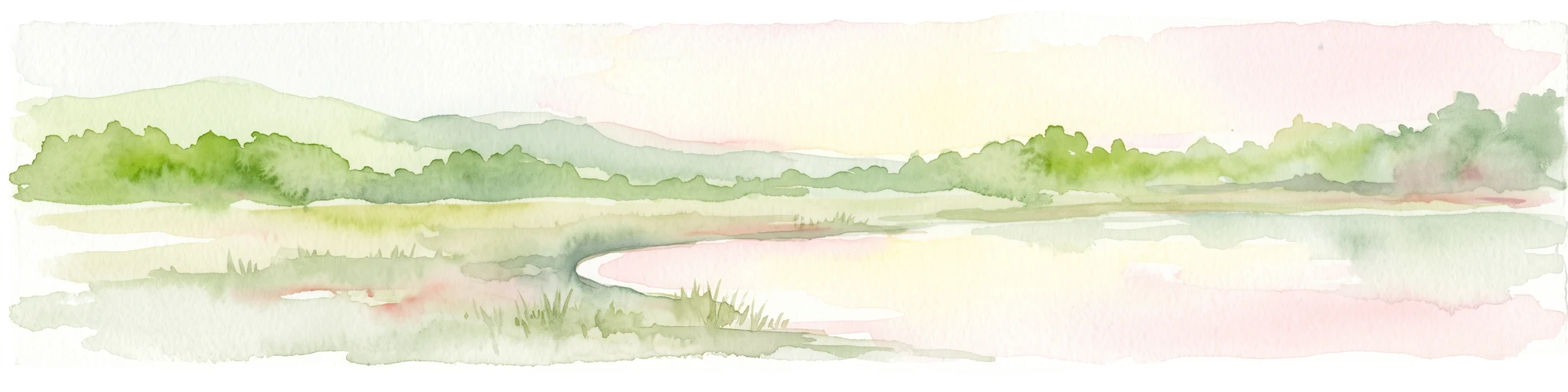 A horizontal watercolor painting depicting a soft-toned, light-filled forest landscape with a calm body of water in the foreground and rolling treed hills in the background.