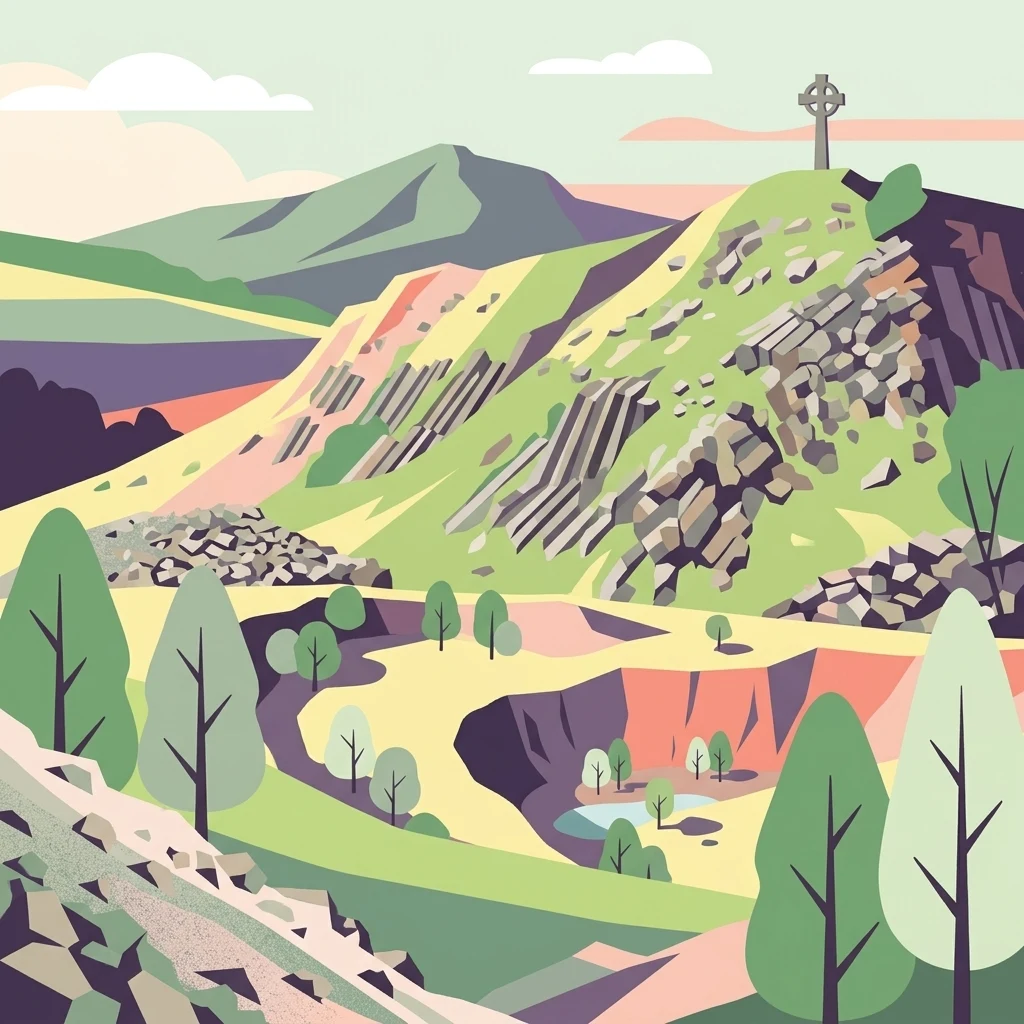 A stylized digital illustration of a mountainous landscape with rocky slopes, trees, a valley, and a cross standing on the peak of the mountain.