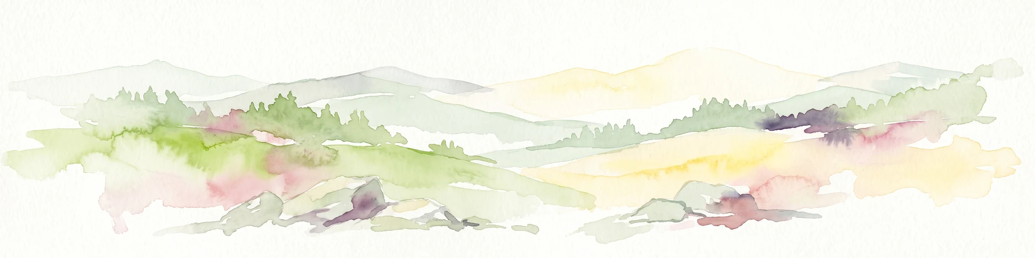 A soft watercolor illustration showing rolling hills, sparse forest clusters, and rocky foreground elements, set against a light background.