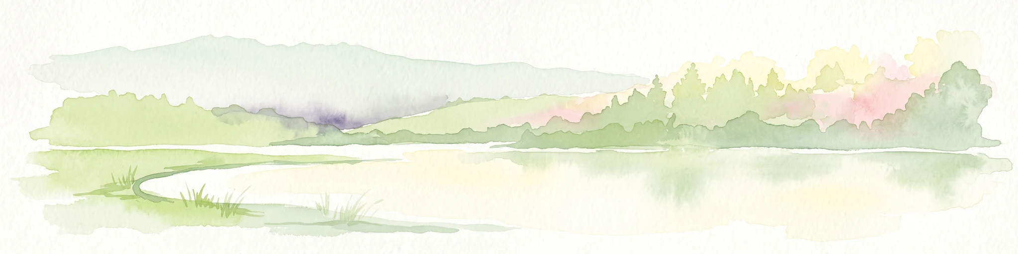 A watercolor painting showing a tranquil river landscape with soft green hills and reflections in calm water.