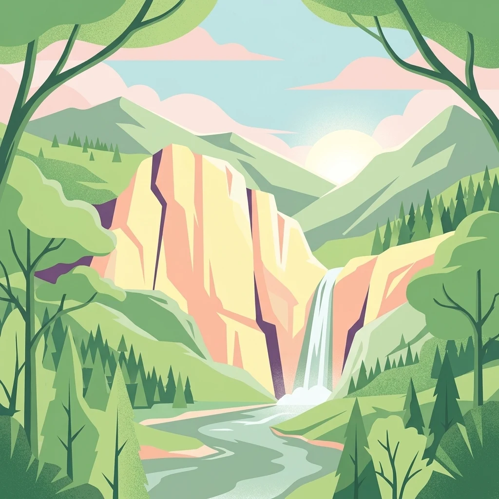 A digital illustration showing a lush green valley with a river and waterfall, framed by stylized trees under a soft sunrise.