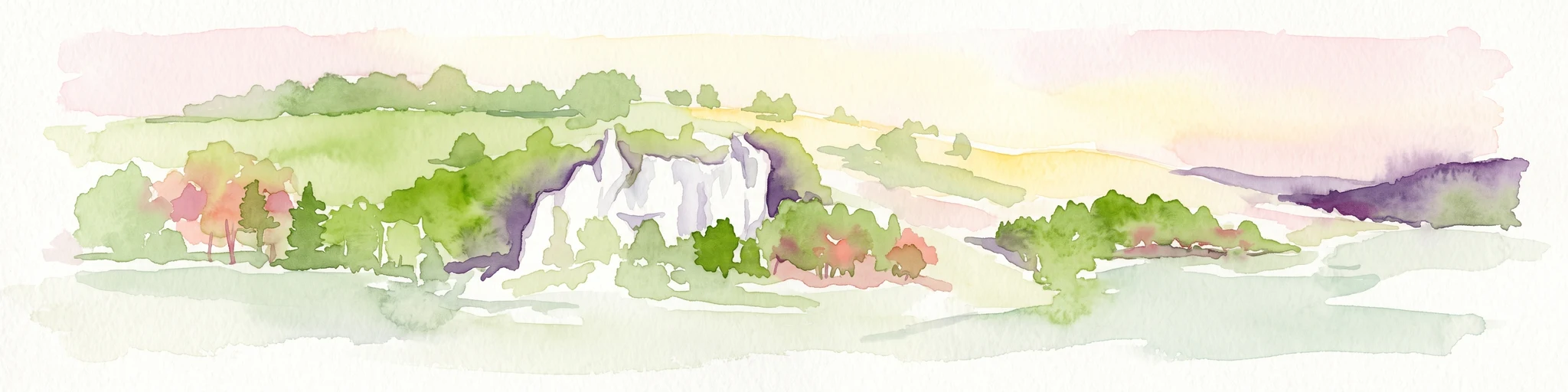 Acuarela de un paisaje ondulado con colinas de verde claro, grupos de árboles y afloramientos de roca blanca sobre un fondo suave y de color claro.