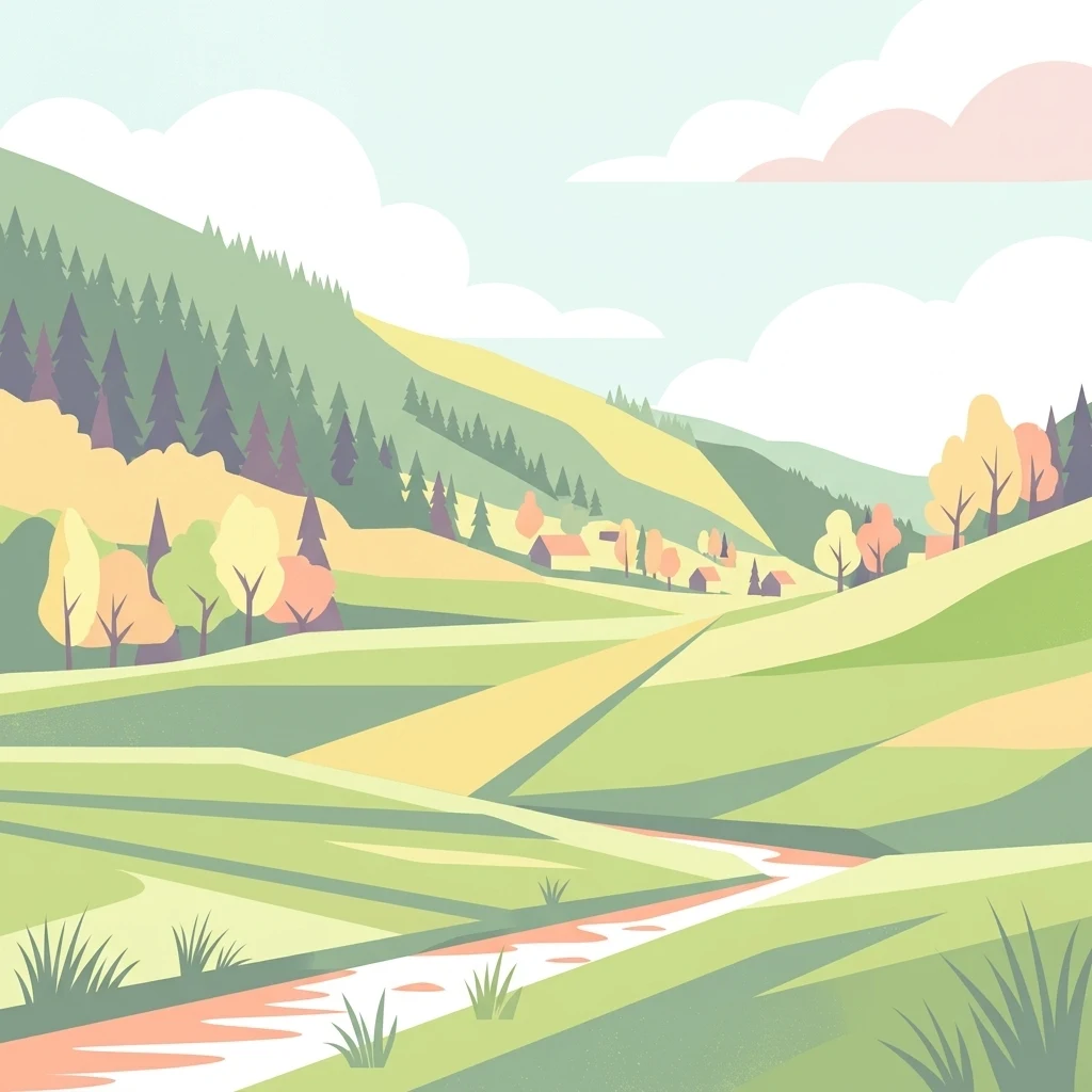 Una ilustración vectorial de estilo plano de un valle verde y suavemente ondulado con un pequeño arroyo, laderas boscosas y pequeños edificios distantes bajo un cielo nublado.
