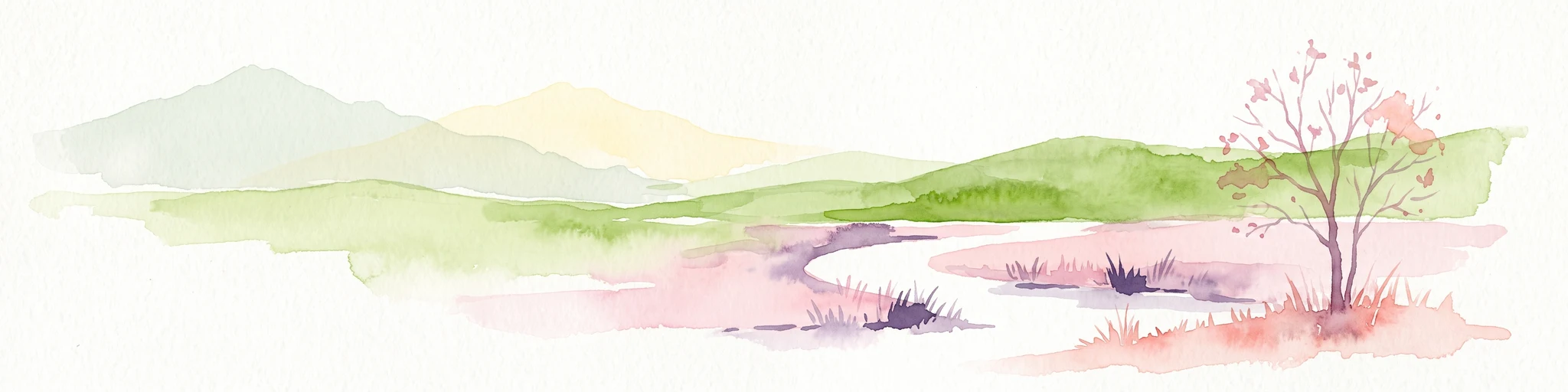 A horizontal watercolor painting showing rolling green hills, a winding stream in the foreground, and a single tree on the right.