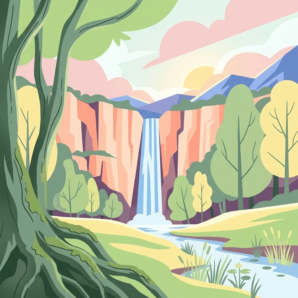 A colorful digital illustration featuring a waterfall cascading between orange cliffs into a winding stream, framed by large tree trunks and lush vegetation in a stylized landscape.