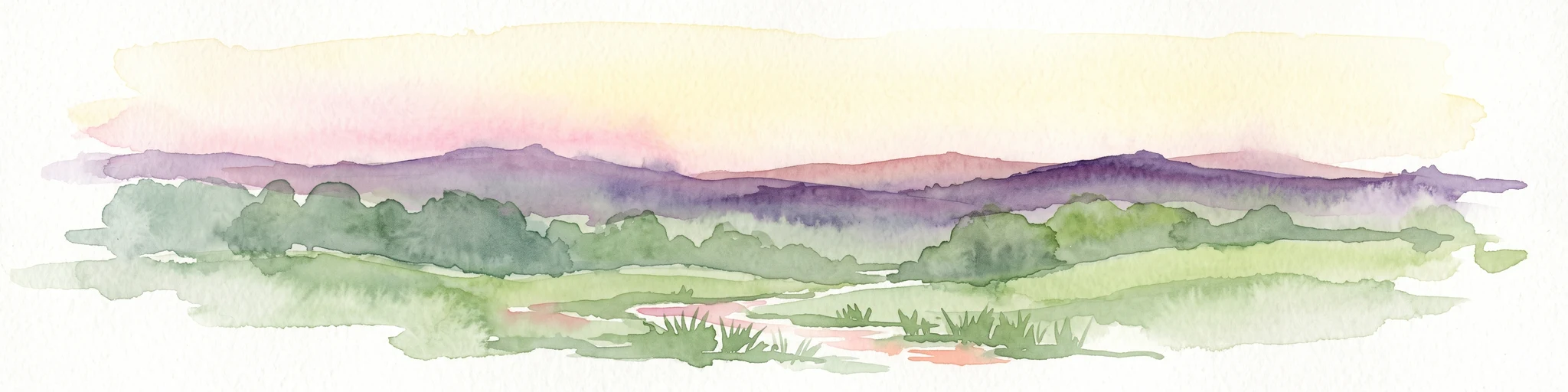 Watercolor painting of a rolling rural landscape with distant purple hills, green meadows, and trees, with a soft yellow sky.